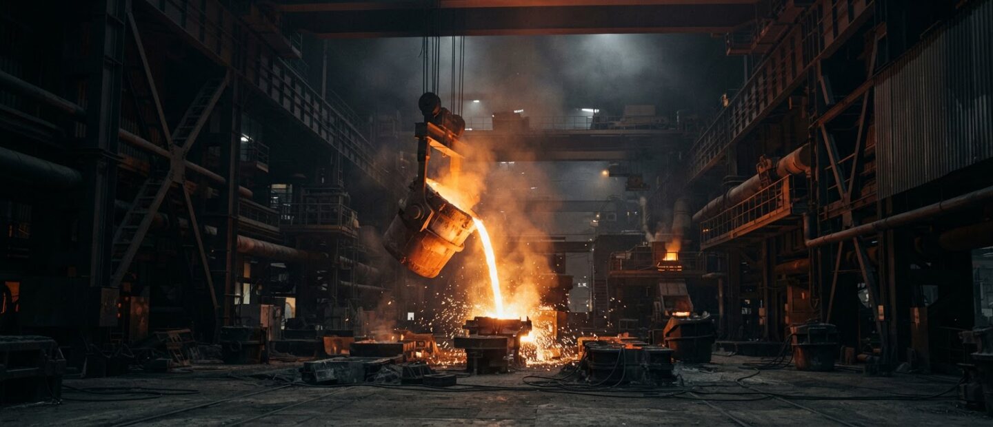 Molten steel being poured from a ladle in a steel plant