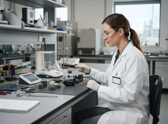Laboratory specialist measuring a refractory sample